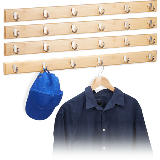Set of 4 Bamboo Wall Hook Bars, Wood Grain, Hallway Coat Rack, Towel Holder, 6 Hooks, 6 x 88 x 5 cm, Natural - Relaxdays