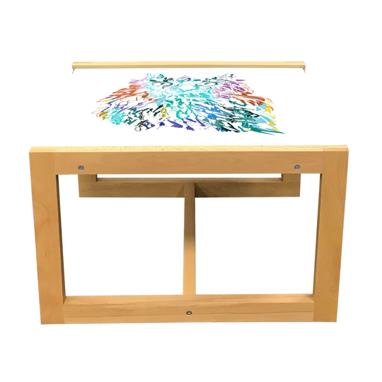 Owl Coffee Table, Owl Fluffy Swollen Colorful Feathers Large Eyes Vision Sage Camouflage Character Image, Acrylic Glass Center Table With Wooden Frame