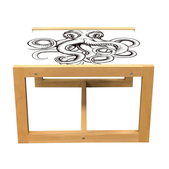 Octopus Coffee Table, Illustration Of Octopus In A Woodblock Style Monochromic Art, Acrylic Glass Center Table With Wooden Frame For Offices Dorms Bro