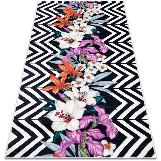 Andre 2300 washing carpet flowers, zigzag vintage anti-slip - black / white multicolor 160x220 cm
