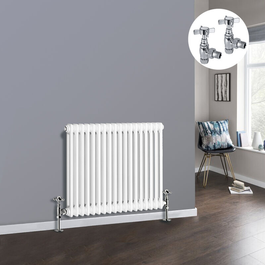 White 2 Column Traditional Cast Iron Style Radiator with Chrome Angled Cross Head Manual Valves Horizontal 600x830mm