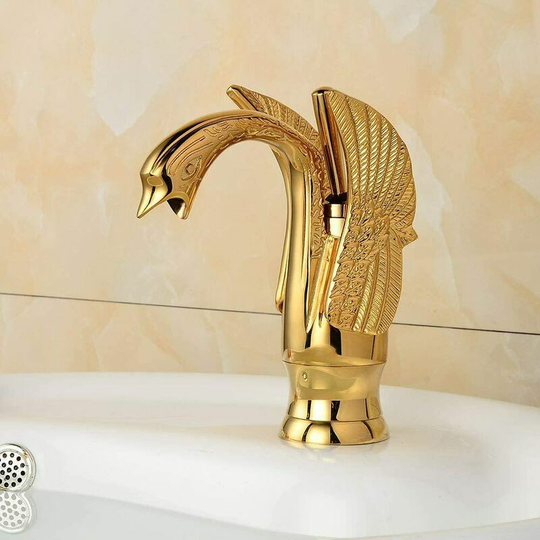 Kartokner - Modern Golden Swan FaucetBathroom Sink Faucets Electroplating Brass Mixer Tap Bathroom Curved Mouth