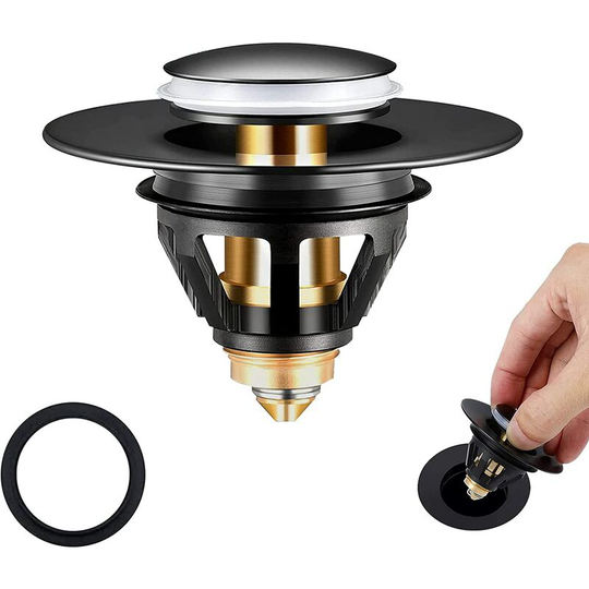 Perlerare - Pop Up Basin Stopper with Anti-Clogging Filter, Universal Drain Plug, Countertop Basin Drain, Bathtub Drain (Black, 34-38 mm)
