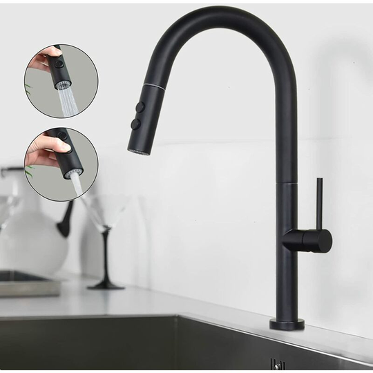 SHANFO Black Kitchen Faucet, Kitchen Mixer Tap with Pull Out Shower, 360° Rotatable Sink Mixer Tap with 2 Spray Modes Single Lever Modern Kitchen