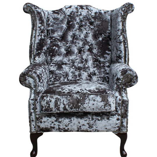 Chesterfield Velvet Queen Anne High Back Wing Chair Lustro Flint