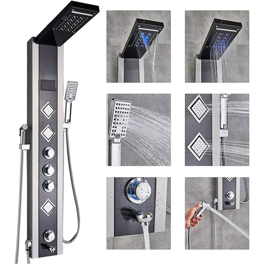 Shower Tower Panel led Shower System with 6 Functions, Unique Powerful hydromassage and Bidet Tap Shower Tower Wall Mounted Black and Brushed Nickel