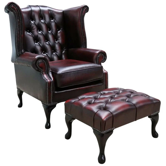 Chesterfield Georgian Queen Anne Wing Chair Antique Oxblood Red Leather + Footstool