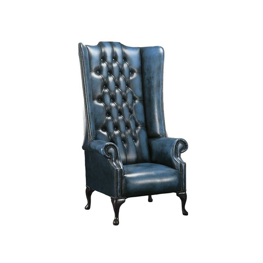 Chesterfield Soho 1780's Leather High Back Wing Chair Antique Blue
