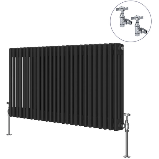 NRG - Traditional Rad Cast Iron Style Radiator Black + Chrome Angled Traditional Radiator Manual Valves 600x1190mm Horizontal Triple Column