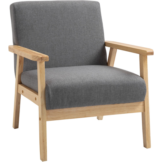 Minimalistic Accent Chair Wood Frame w/ Linen Cushions Wide Seat Armchair - Grey - Homcom