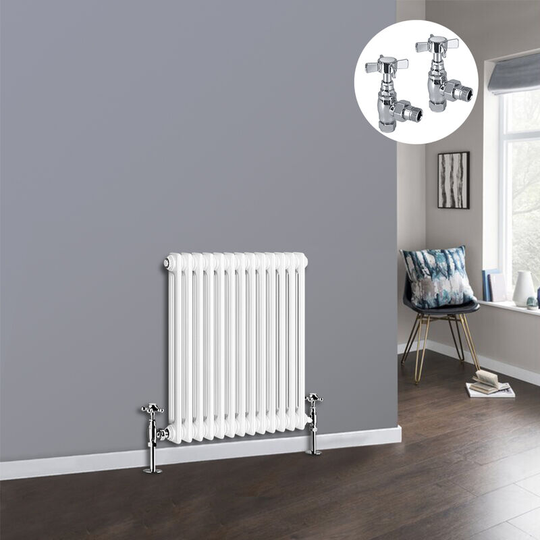 White 2 Column Traditional Cast Iron Style Radiator with Chrome Angled Cross Head Manual Valves Horizontal 600x605mm