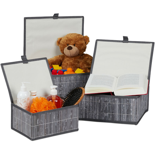 Set of 3 Bamboo Storage Baskets, Storage Boxes with Lid, Bamboo Container, Decorative Storage, Grey - Relaxdays