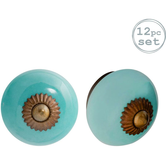 Round Ceramic Cabinet Knobs - Turquoise - Pack of 12 - Nicola Spring