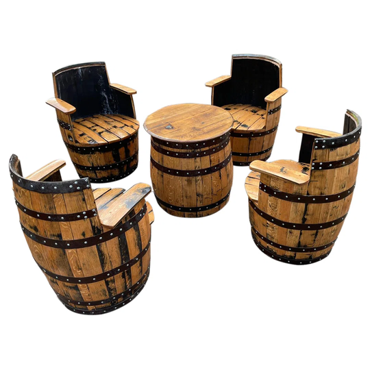 Union Rustic Barrel Table With Armchairs Recycled From Solid Oak Whiskey Cask Indoor Outdoor Patio Garden Furniture Set 5