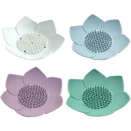 Sunflowergb - Lotus Flower Shape Soap Dish, 4 pcs Silicone Soap Box, Silicone Soap Dish Drainer, with Drainage for Bathroom or Kitchen