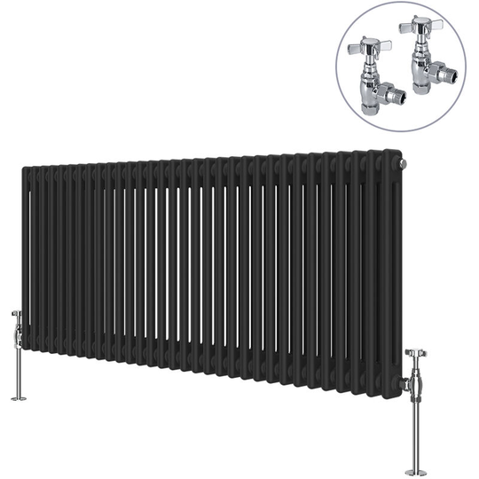NRG - Black Traditional Cast Iron Style Radiator with Chrome Angled Cross Head Manual Valves Horizontal 2 Column 600x1460mm