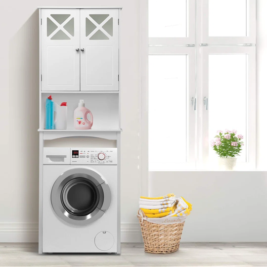 Kwamain Over Toilet Shelf, Bathroom Storage Organizer Unit With Adjustable Shelf, Free Standing Tall Washing Machine Rack(X-Shaped Tempered Glass Doub