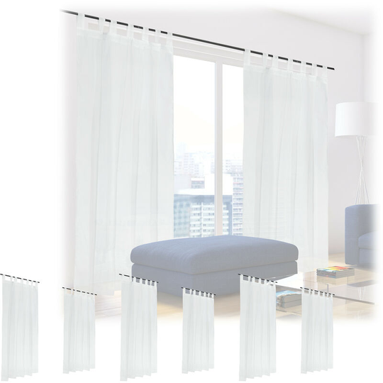 Set of 8 Relaxdays Curtains, HxW: 225 x 140 cm, Semi-transparent, Decorative, Living Room & Bedroom, with Loops, White