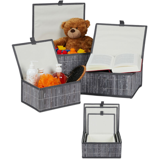 Relaxdays - 2 Sets of 3 Bamboo Storage Baskets with Lid, Decorative Organiser, Dust-free & Moisture-resistant, Grey