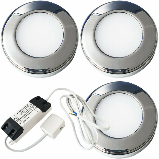 3x chrome Round Surface or Flush Under Cabinet Kitchen Light & Driver Kit - Natural White led