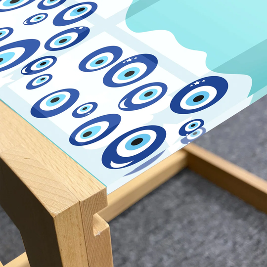 Evil Eye Coffee Table, Protective Vertical Border Abstract Faded Tones With Tiny Stars, Acrylic Glass Center Table With Wooden Frame For Offices Dorms