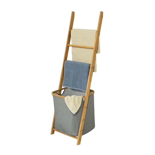 Bathroom Storage Shelf Towel Holder with 3 Hanging Rails & Removable Laundry Basket - Sobuy