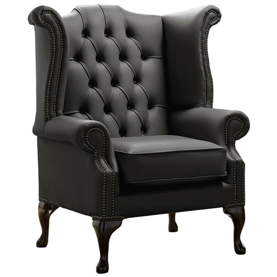 Chesterfield Queen Anne High Back Wing Chair Shelly Black Leather
