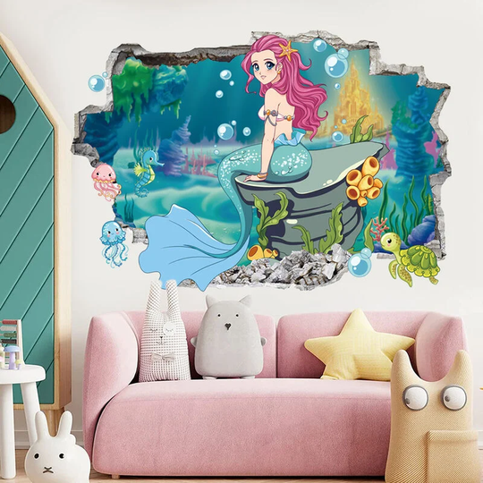 2 pieces of children's cartoon mermaid princess wallpaper bedroom room decoration creative ocean world mural self-adhesive