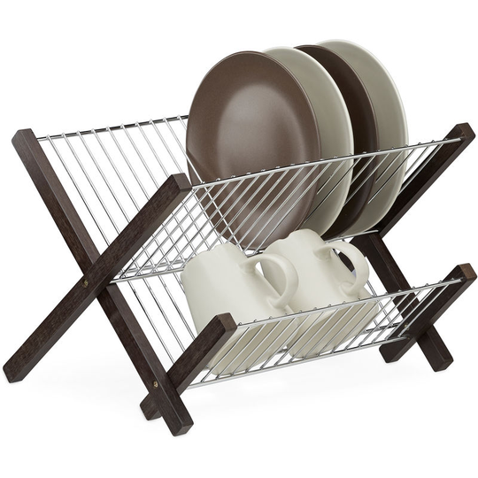 Relaxdays Stainless Steel Dish Drying Rack, 2 Tiers, Foldable, Compact Drainer, HWD: 25.5 x 39 x 30 cm, Dark Brown