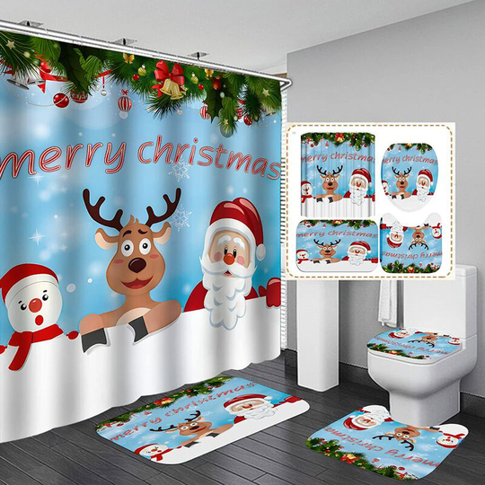 Merry Christmas Shower Curtain Sets for Bathroom, 4 Piece Christmas Shower Curtain/Non-Slip Bathroom Mat/Cover Toilet Cover/Bath Mat, Funny Q-Merry