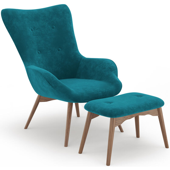 Privatefloor - Velvet upholstered armchair with footrest - Huda Green Velvet, Wood, Wood, Polyester - Green