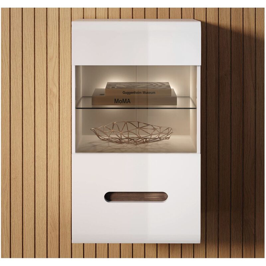 White Gloss Wall Glass Display Cabinet Unit Shelf led Light Black Insert Azteca - White Gloss