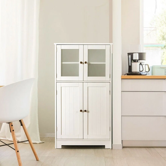 4-Door Bathroom Floor Cabinet With Tempered Glass Doors
