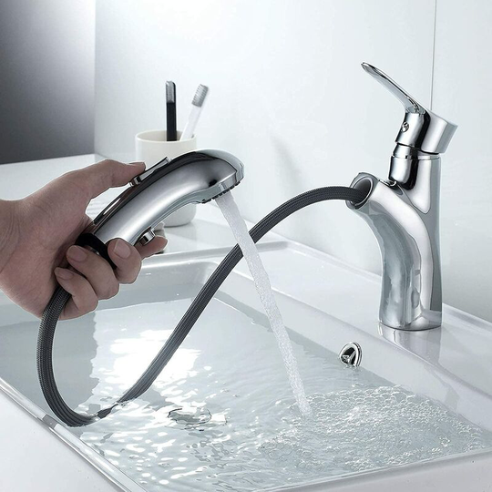 Bathroom Faucet with Pull Out Spray, Brass Basin Faucet and Two Water Flow Modes for Bathroom Sink, Hot and Cold Adjustable Basin Mixer Tap, Black