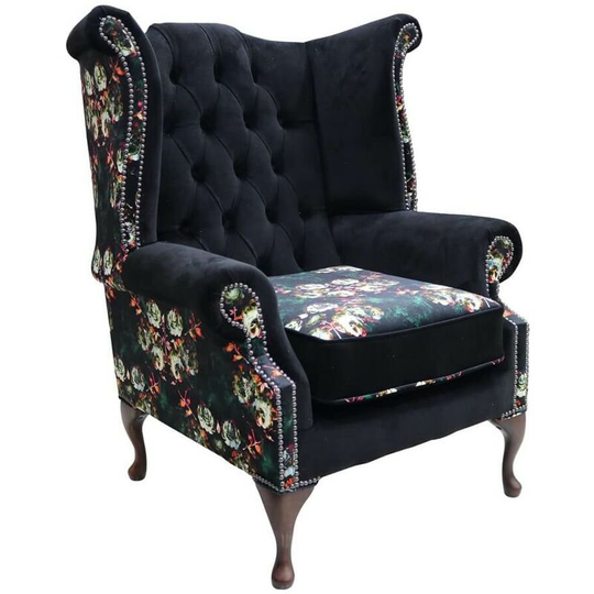 Chesterfield Queen Anne High Back Wing Chair Floral Black Velvet