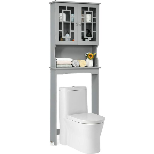 Over Toilet Cabinet, 3-Tier Freestanding Washing Machine Rack with Adjustable Shelf and Door, Bathroom Space Saver Laundry Tall Storage Cupboard