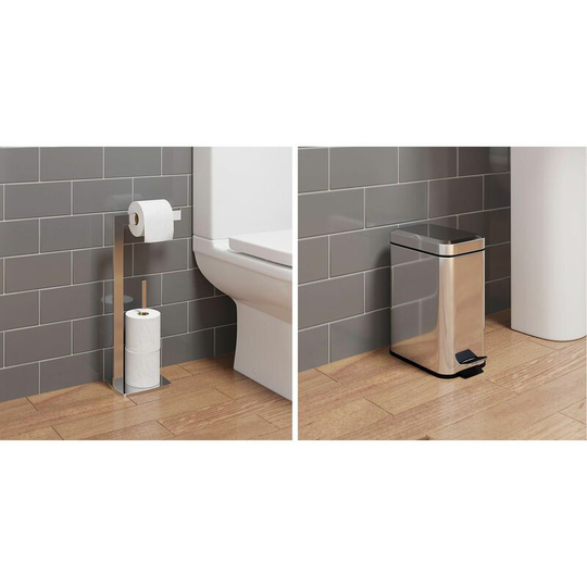 Bathroom wc Square Floor Standing Chrome Toilet Roll Holder 5L Square Bin Modern - Silver