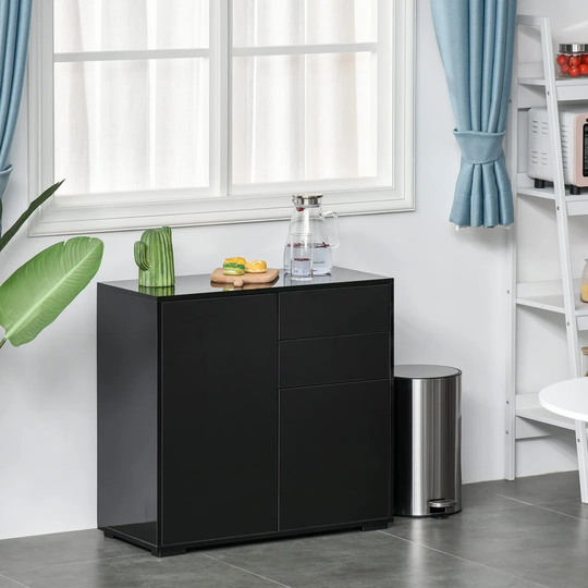 High Gloss Frame Sideboard, Side Cabinet, Push-Open Design With 2 Drawer For Living Room, Bedroom, Black