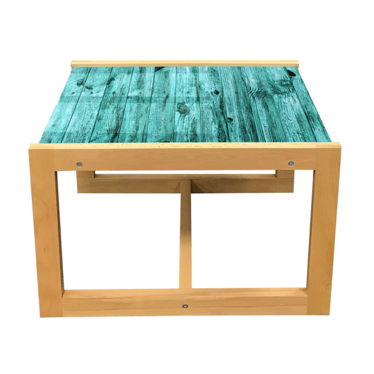 Turquoise Coffee Table, Wall Of Turquoise Wooden Texture Background And Antique Timber Furniture Print, Acrylic Glass Center Table With Wooden Frame F