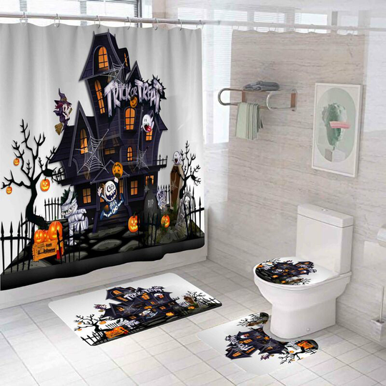Imp Castle Halloween Shower Curtain Sets, 71 inch x 71 inch Halloween Bathroom Decor Set - Shower Curtain with Mat, Toilet Lid Cover, Bath Mat