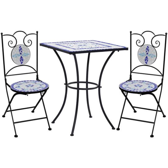 3 Piece Mosaic Bistro Set Ceramic Tile Blue and White - Blue