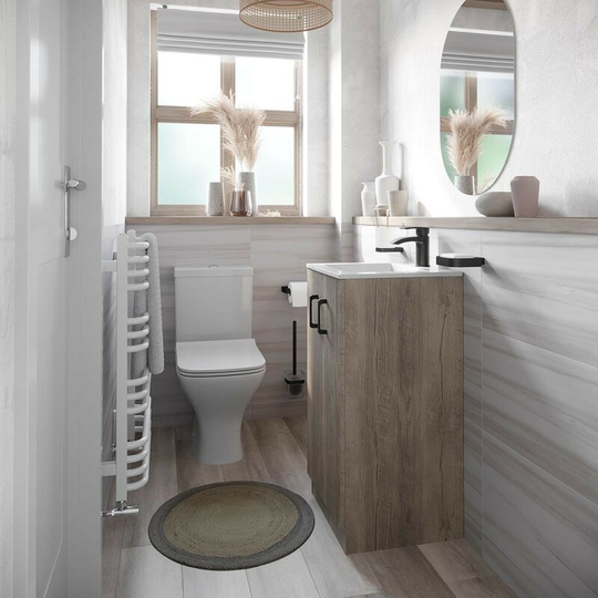 Orchard - Lea oak floorstanding vanity unit with black handle 420mm and Derwent square close coupled toilet suite - Oak