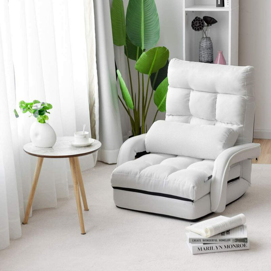 Adjustable Folding Lazy Sofa Bed with Armrests and Pillow, Convertible Floor Armchair Sofa Seat for Home Office, Easy-to-Clean (White) - Costway