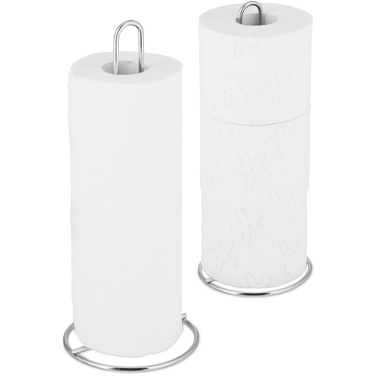 Kitchen Towel Holder Set of 2, Freestanding, Toilet Paper Organiser, Metal, Subtle, hd 32x13 cm, Silver - Relaxdays