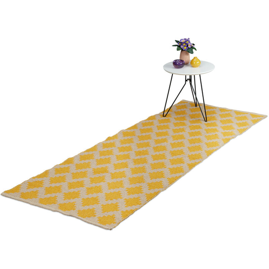 Cotton Runner Rug, 80 x 200 cm, Non-slip, Hand-Woven, Diamond Pattern, Decorative Carpet for Any Room, Yellow - Relaxdays