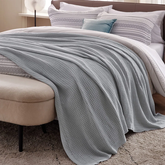 Bed Throw Blanket Grey - Cotton Waffle Throws For Armchair, Bed, Sofa And Couch, Double, 150X200cm