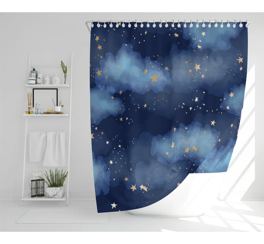 Dark Blue Sky With Gold Foil Constellations Designer Shower Curtain