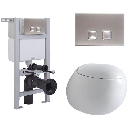 Milano - Mellor - White Ceramic Modern Bathroom Wall Hung Round Toilet wc with Short Wall Frame Cistern and Square Chrome Flush Plate