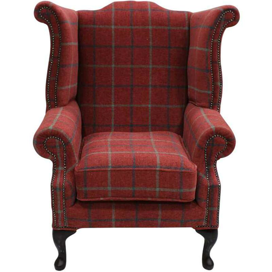 Designersofas4u - Chesterfield Saxon Queen Anne Wing Chair High Back Armchair Lana Square Check Terracotta Fabric