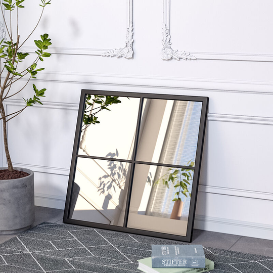 Livingandhome - Classic Rectangular Wall Metal Framed Window Mirror, Black